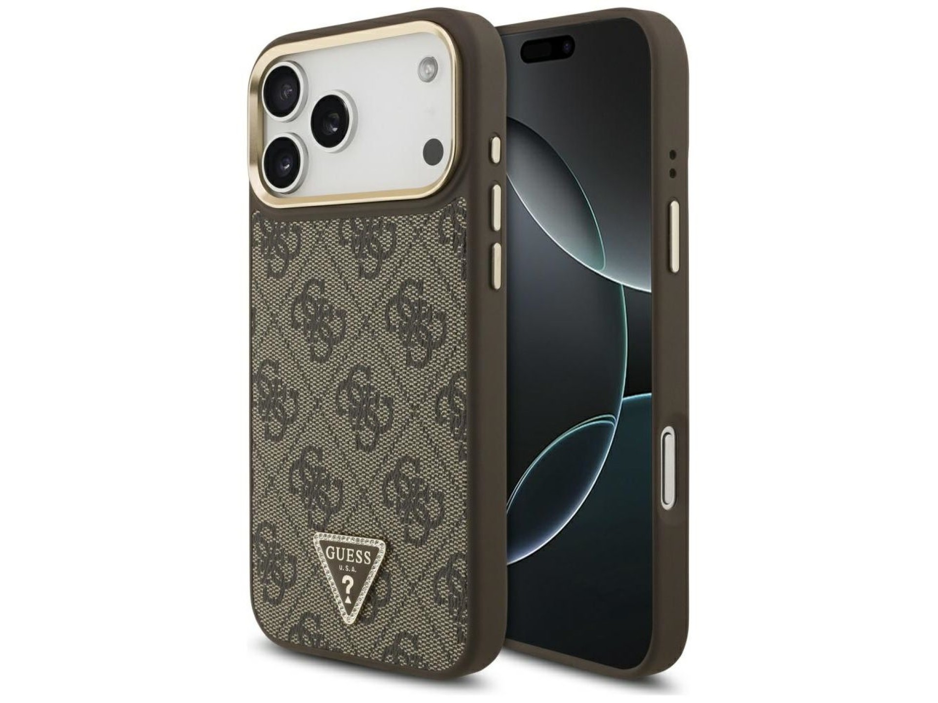 Capa Guess 4G com logotipo triangular e MagSafe para iPhone 17 Pro Max - Marrom e Dourada