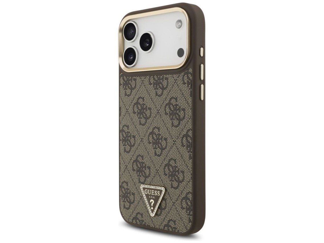 Capa Guess 4G com logotipo triangular e MagSafe para iPhone 17 Pro Max - Marrom e Dourada