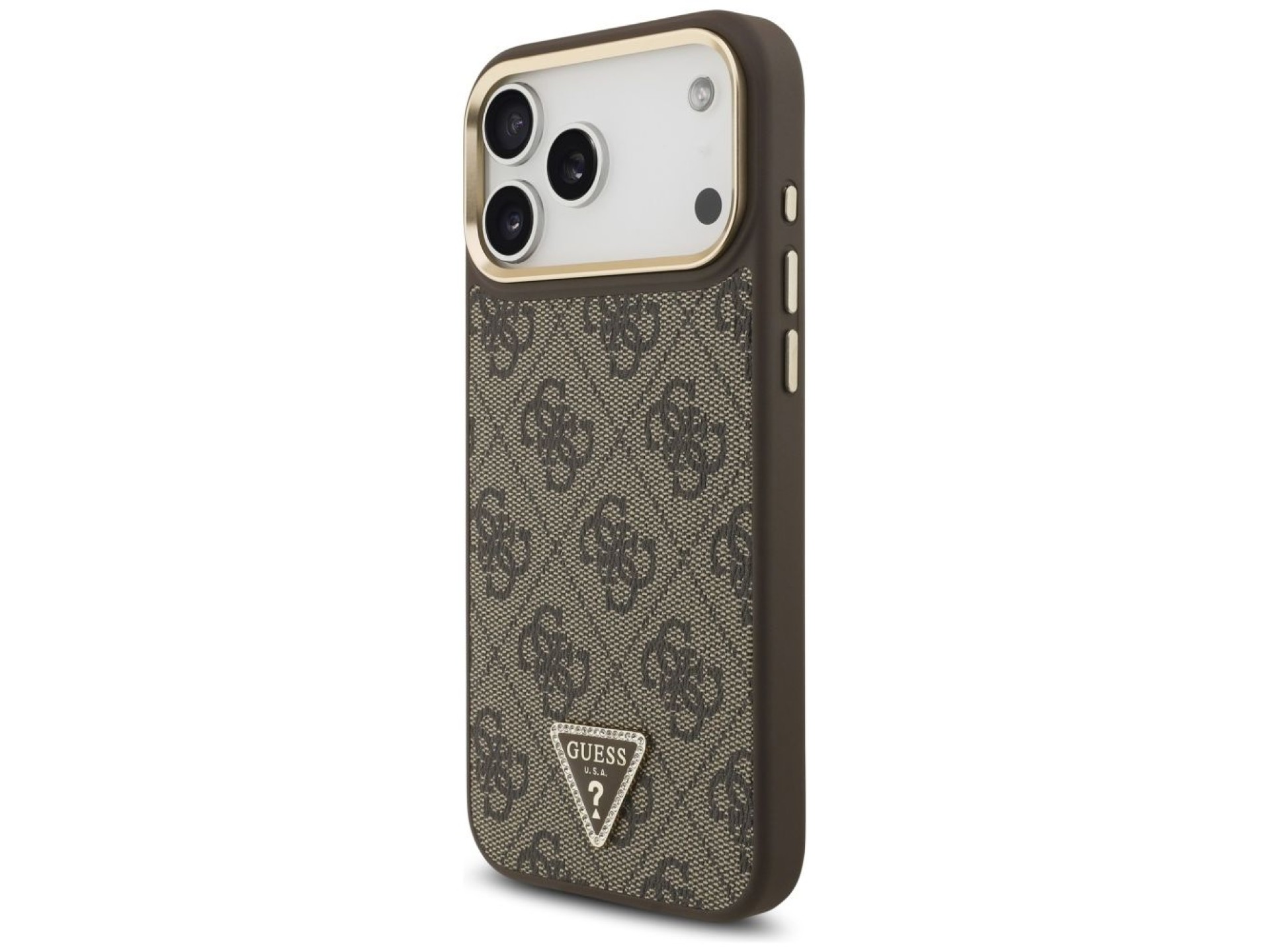 Capa Guess 4G com logotipo triangular e MagSafe para iPhone 17 Pro Max - Marrom e Dourada