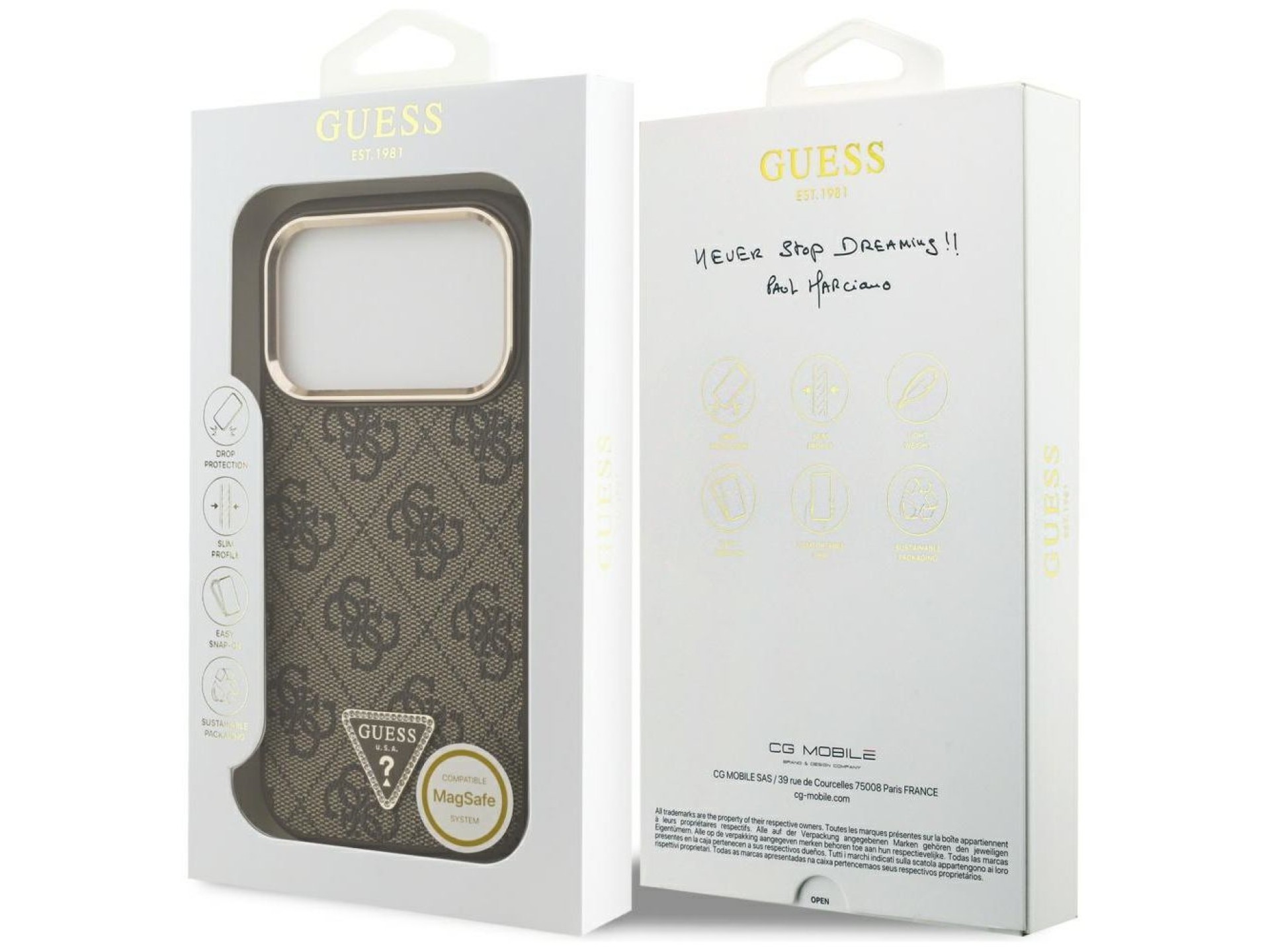 Capa Guess 4G com logotipo triangular e MagSafe para iPhone 17 Pro - Marrom e Dourada