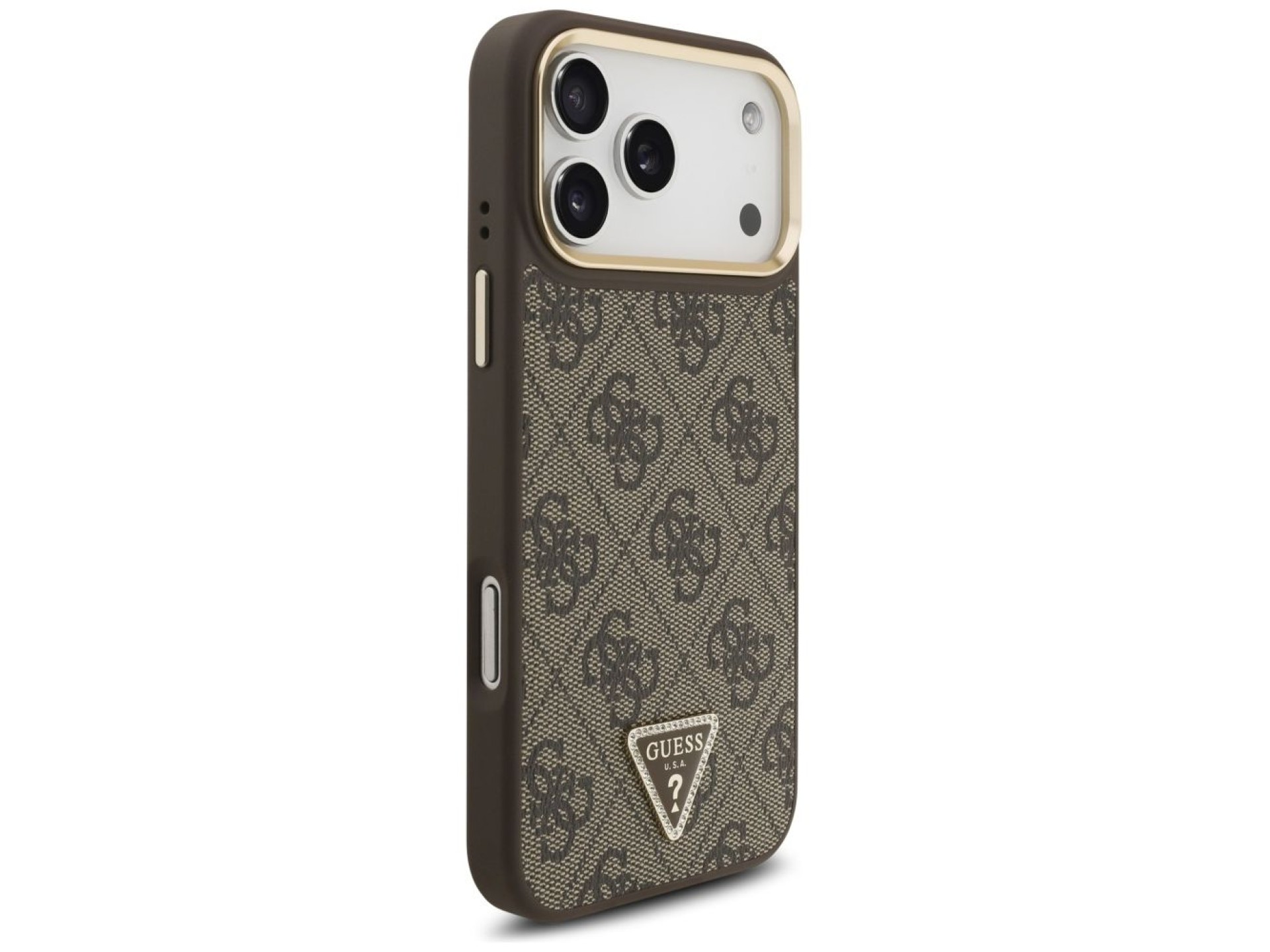 Capa Guess 4G com logotipo triangular e MagSafe para iPhone 17 Pro Max - Marrom e Dourada