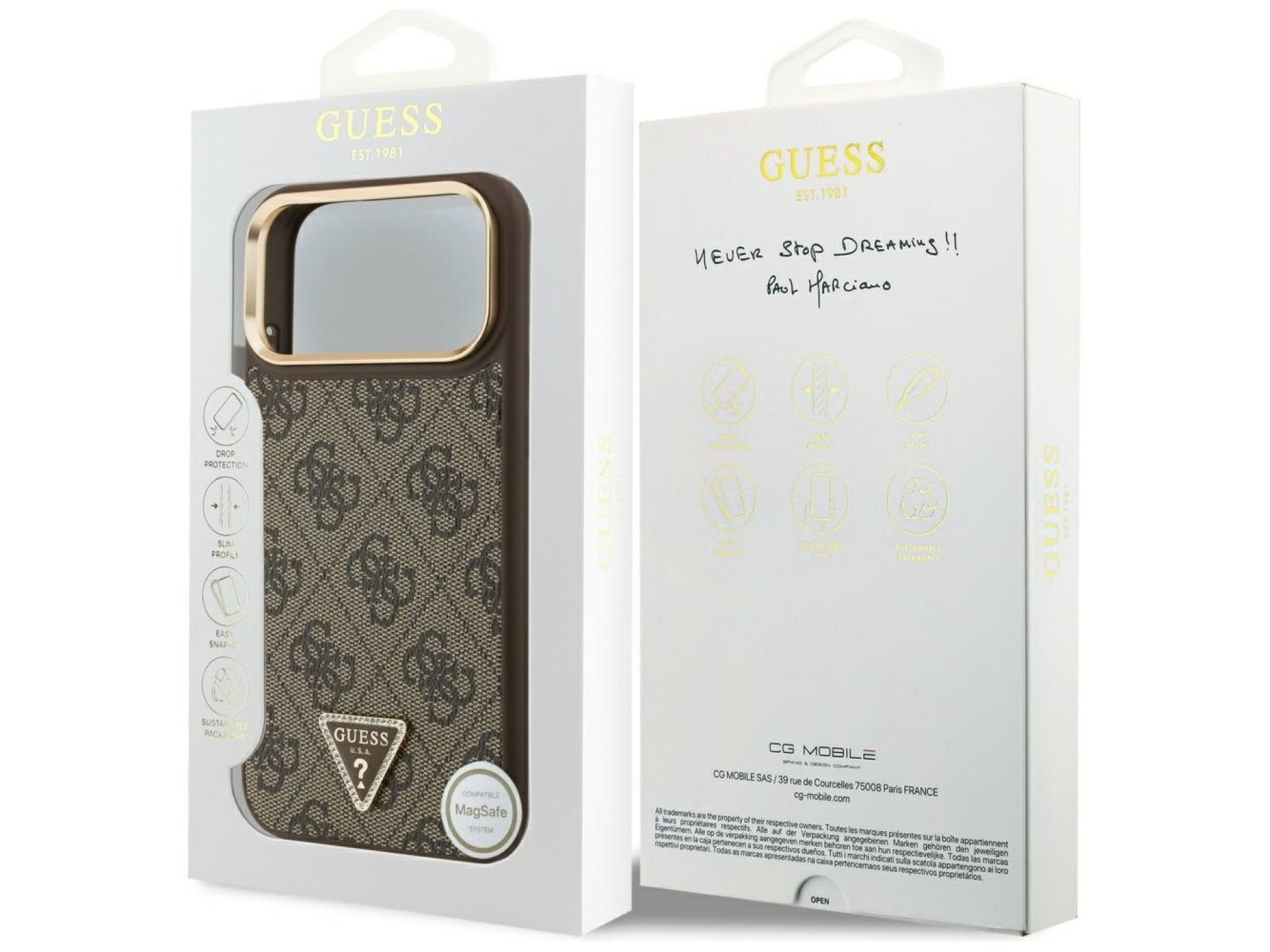 Capa Guess 4G com logotipo triangular e MagSafe para iPhone 17 Pro Max - Marrom e Dourada