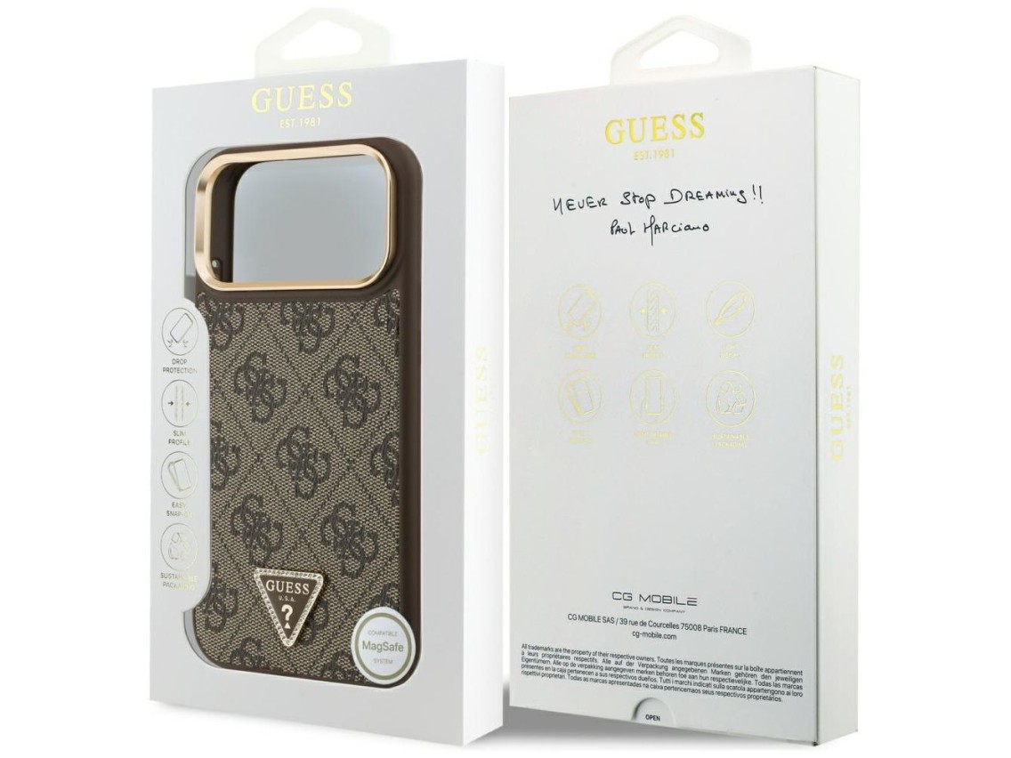 Capa Guess 4G com logotipo triangular e MagSafe para iPhone 17 Pro Max - Marrom e Dourada