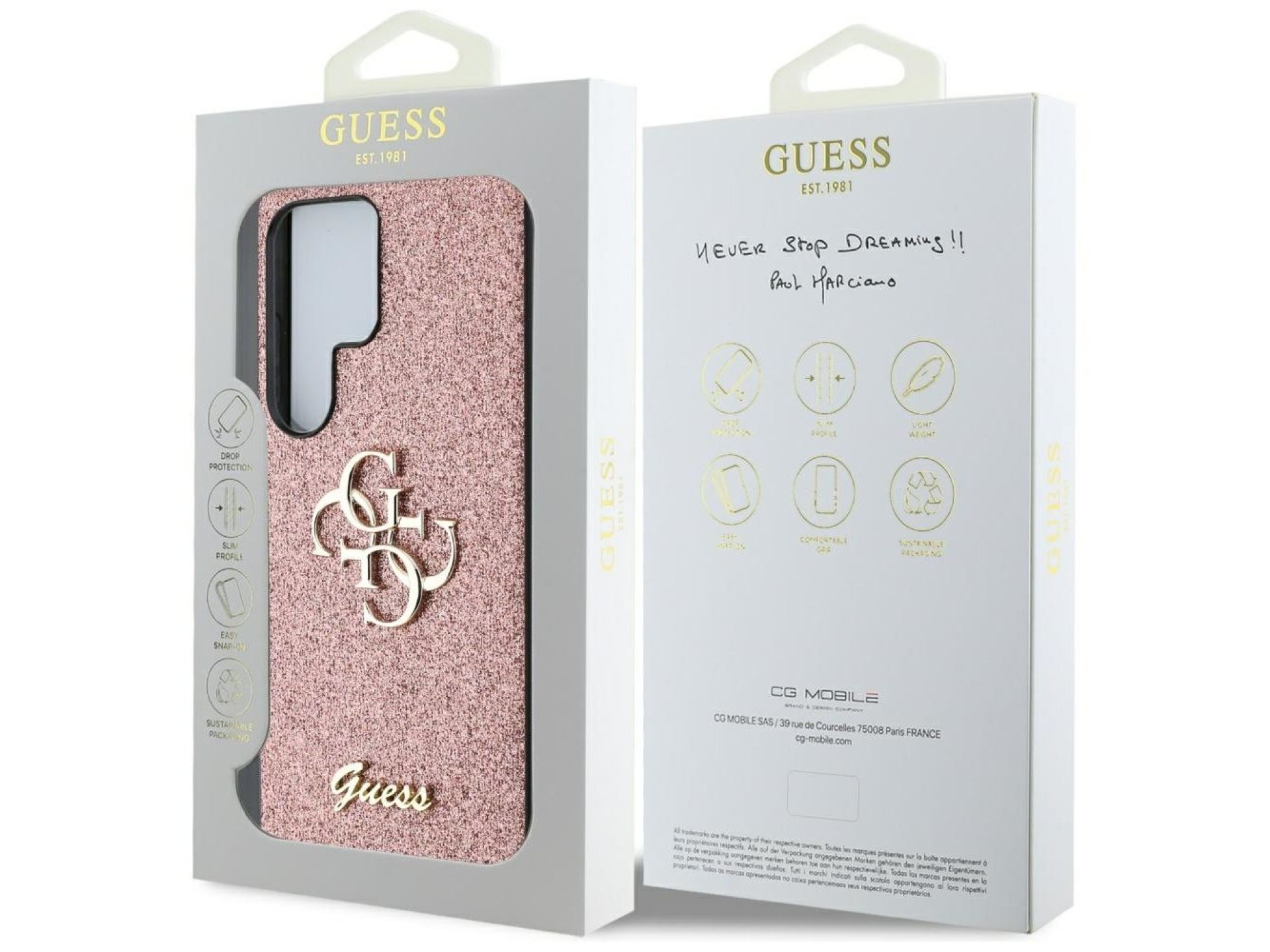 Funda Guess Fixed Glitter Big 4G con logo metálico para Samsung Galaxy S25 Ultra (rosa)