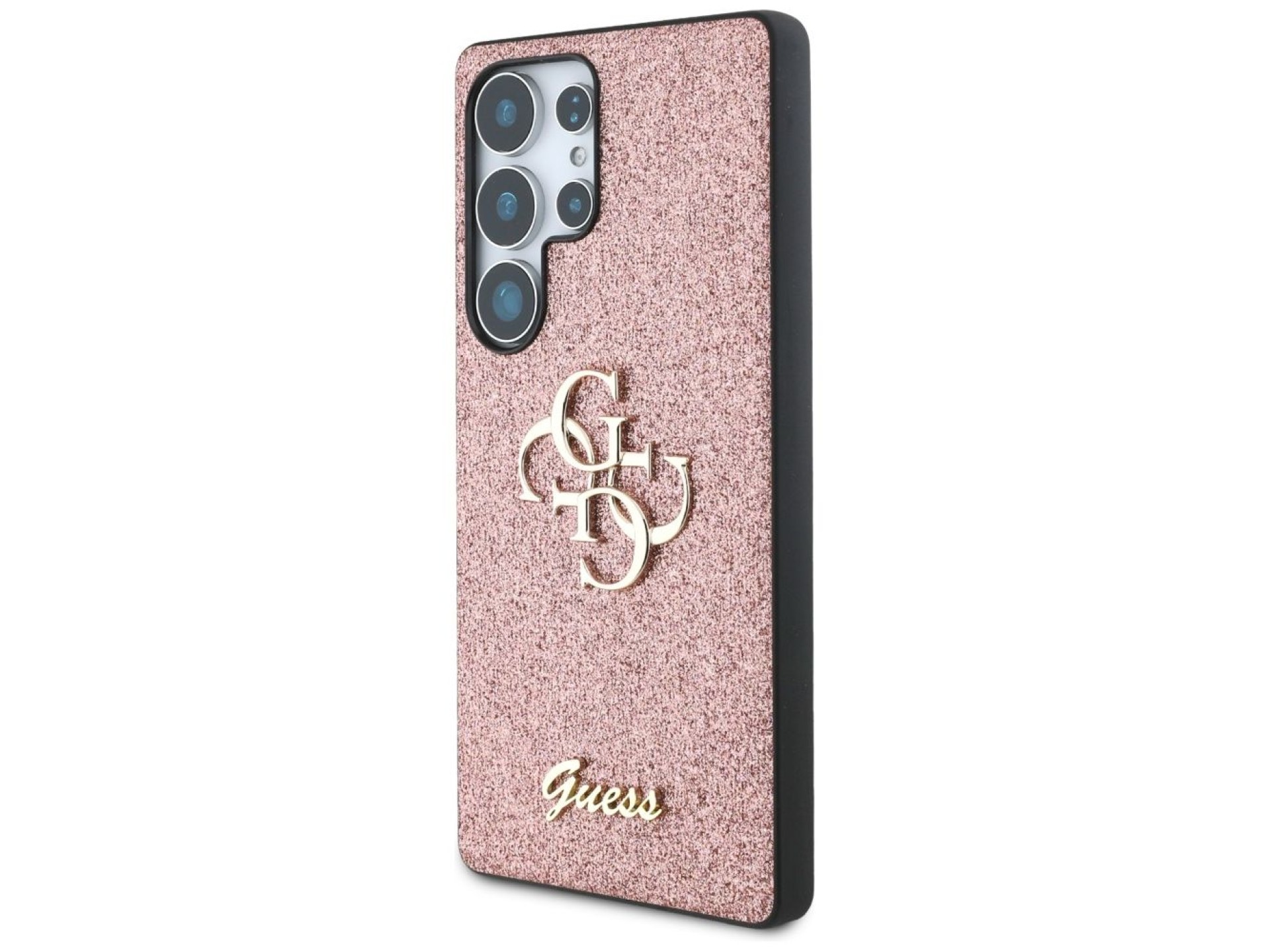 Capa Guess com Glitter Fixo e Logo Grande 4G em Metal para Samsung Galaxy S25 Ultra Rosa