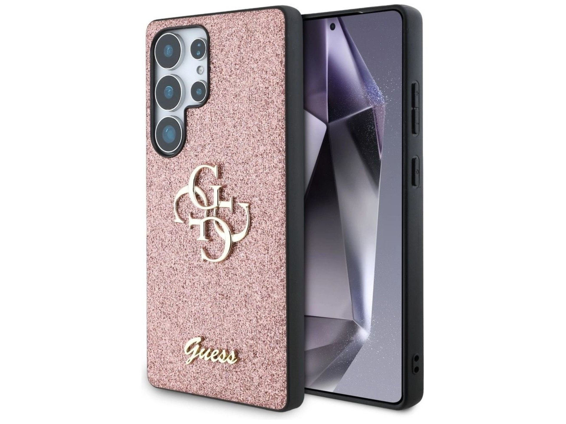 Capa Guess com Glitter Fixo e Logo Grande 4G em Metal para Samsung Galaxy S25 Ultra Rosa
