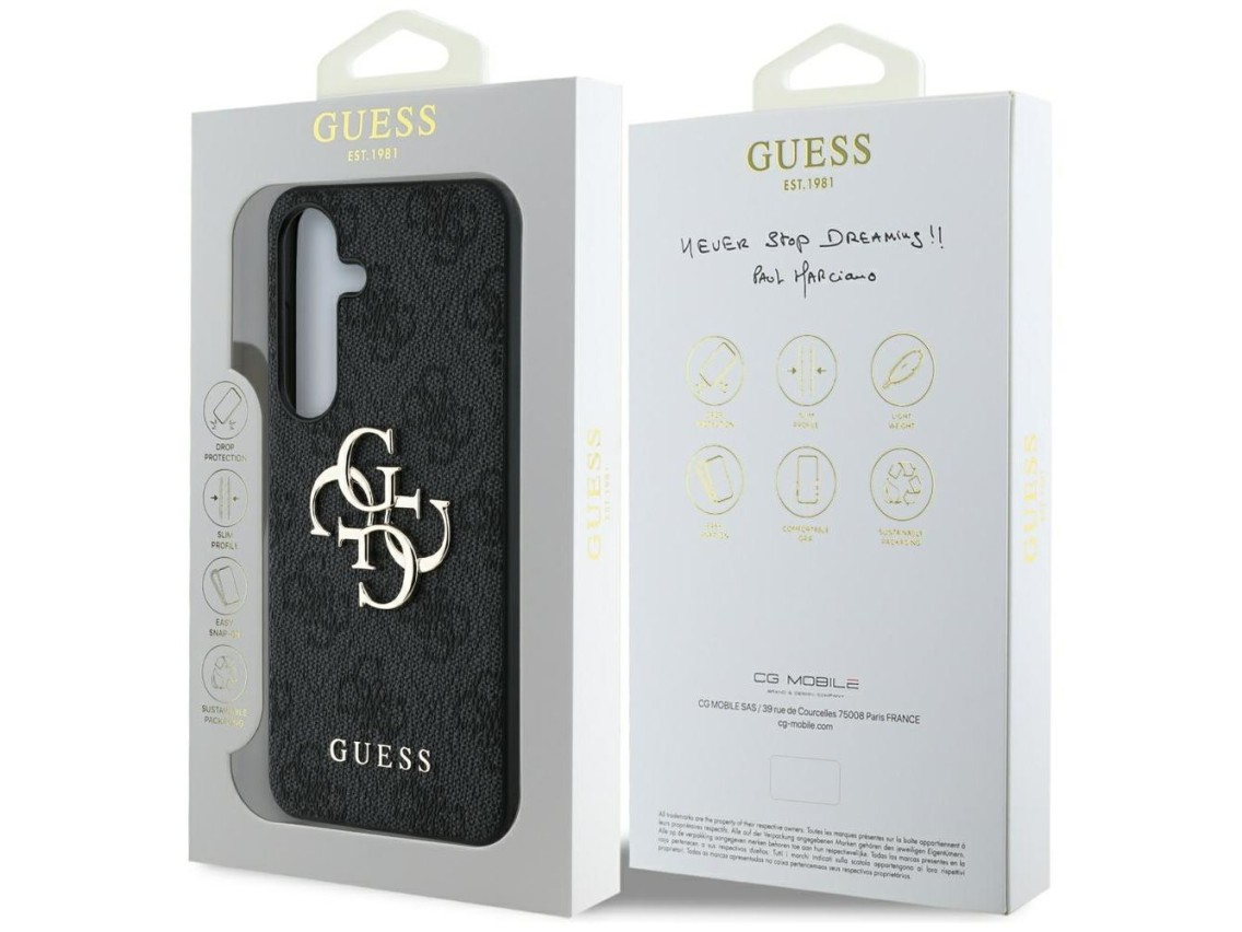 Capa Guess com logo grande 4G e logo clássico para Samsung Galaxy S25, preta.