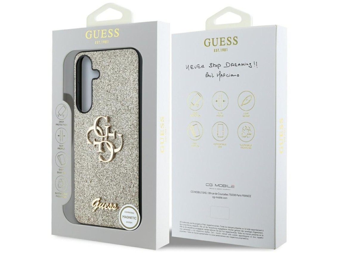 Capa Guess Fixed Glitter Big 4G Metal Logo para Samsung Galaxy S25 dourada