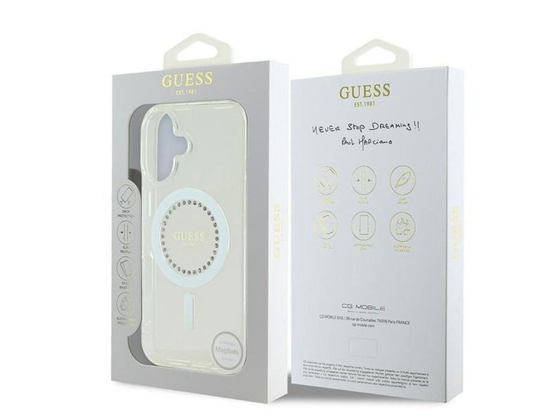 Capa Guess IML com strass e MagSafe para iPhone 16 - Branca