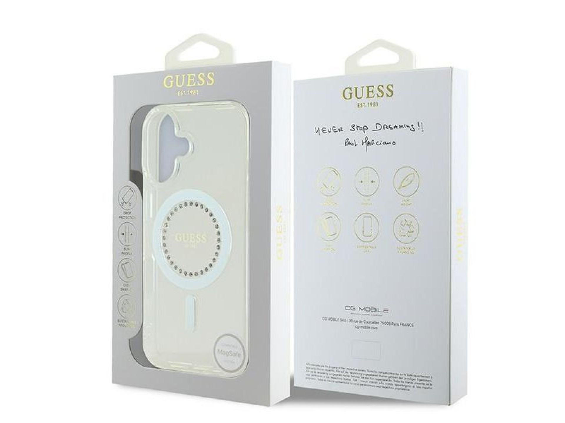 Capa Guess IML com strass e MagSafe para iPhone 16 - Branca