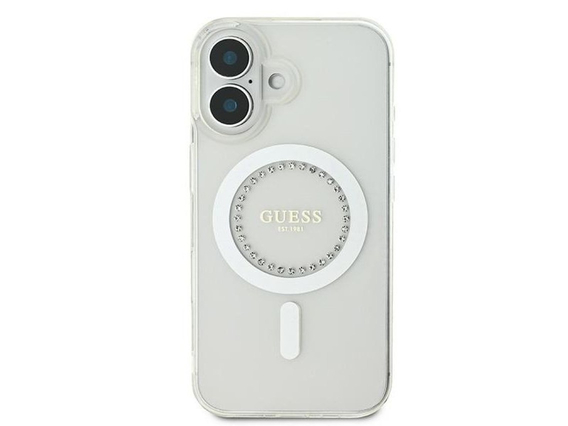 Capa Guess IML com strass e MagSafe para iPhone 16 - Branca