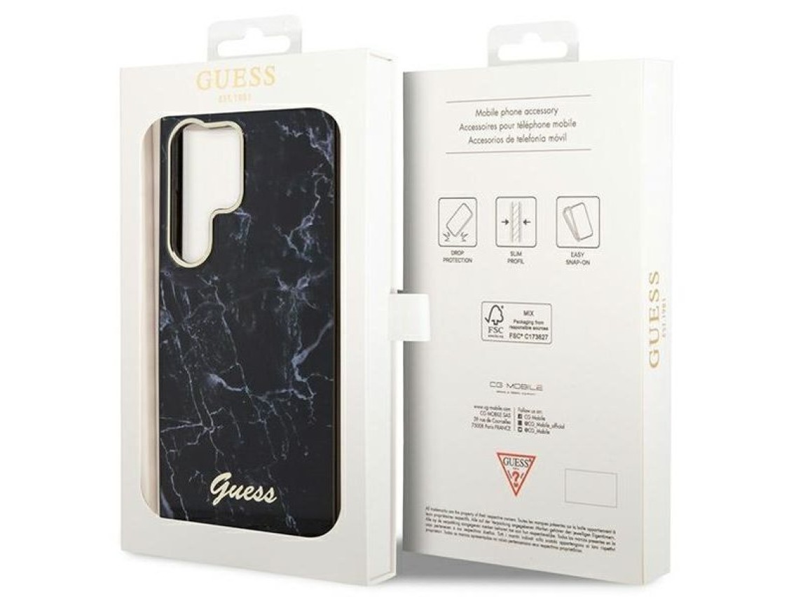 Estuche r�gido Guess GUHCS23LPCUMAK S23 Ultra S918 negro/negro con dise�o de m�rmol.