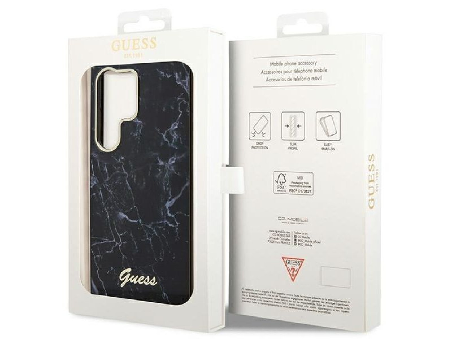 Estuche rígido Guess GUHCS23LPCUMAK S23 Ultra S918 negro/negro con diseño de mármol.