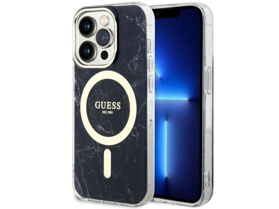 Capa rígida preta/preta com estampa de mármore e MagSafe Guess GUHMP14LPCUMAK para iPhone 14 Pro de