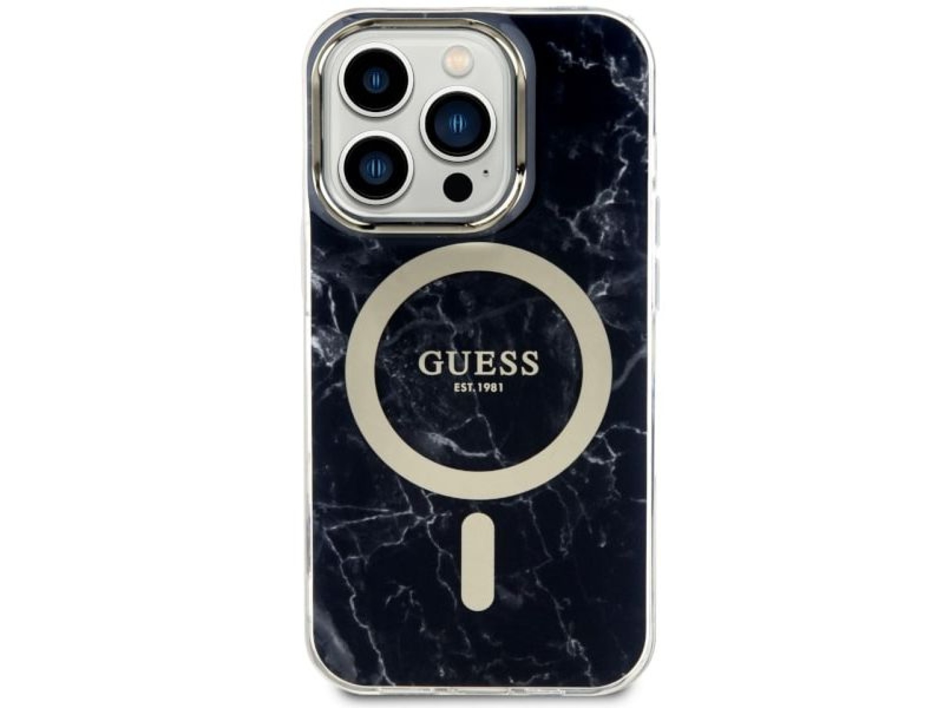 Capa rígida preta/preta com estampa de mármore e MagSafe Guess GUHMP14LPCUMAK para iPhone 14 Pro de