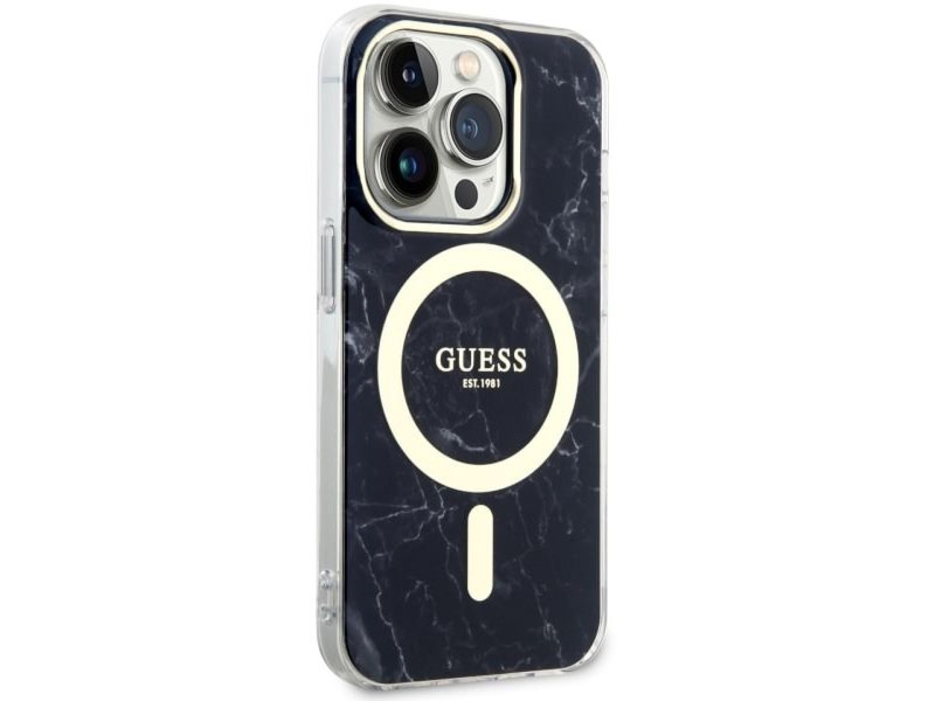 Capa rígida preta/preta com estampa de mármore e MagSafe Guess GUHMP14LPCUMAK para iPhone 14 Pro de