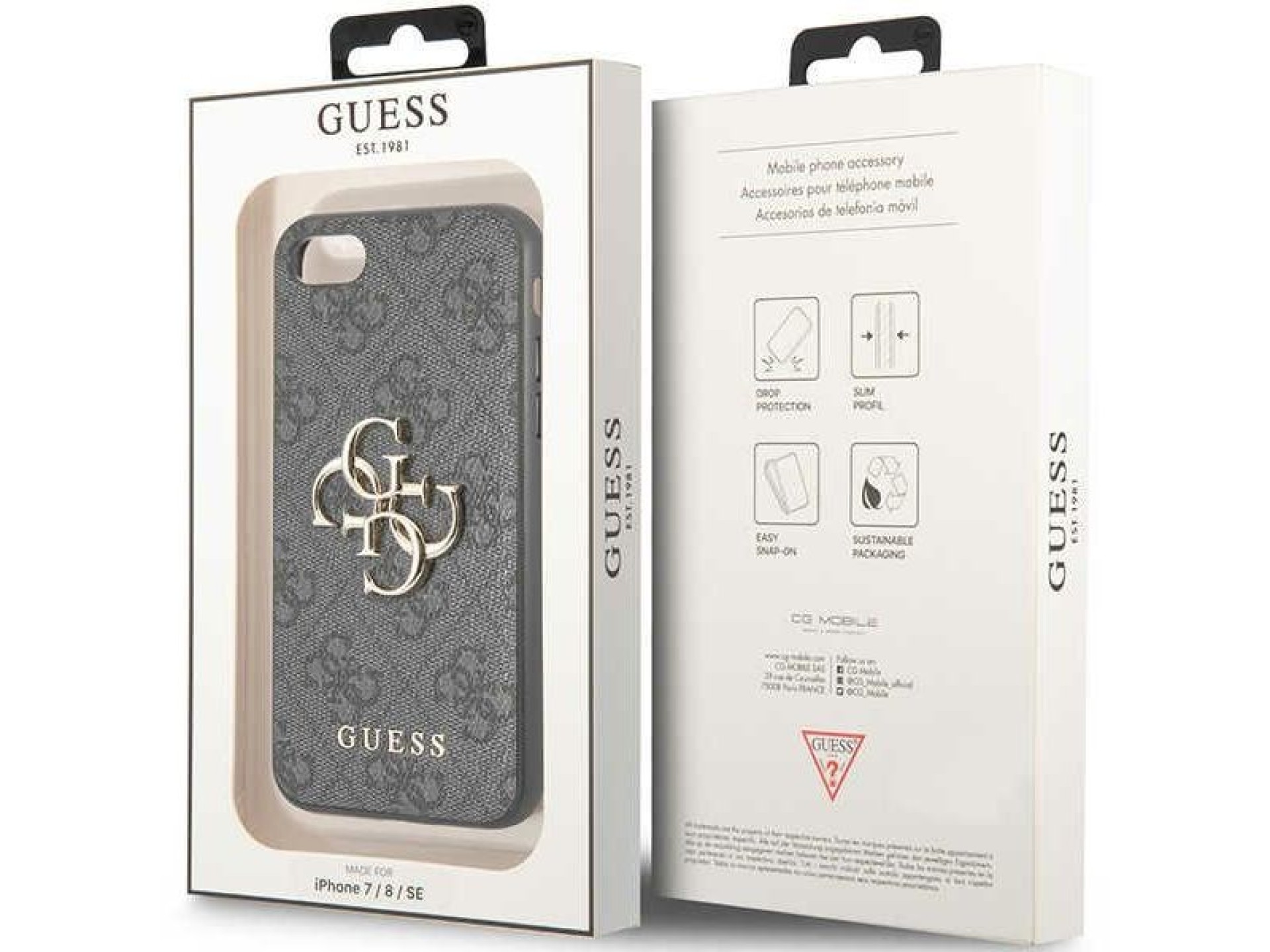 Capa rígida cinza/cinza Guess GUHCI84GMGGR para iPhone 7/8/SE 2020/2022 com logo grande em metal.