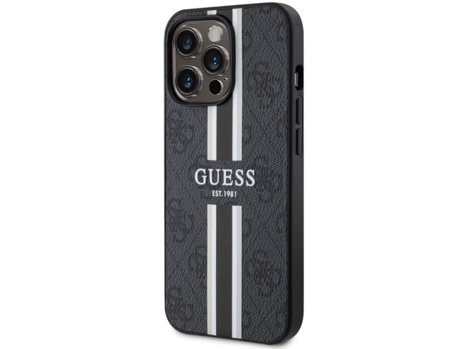 Capa rígida preta/preta com listras impressas Guess GUHMP13LP4RPSK para iPhone 13 Pro / 13 de 6,1