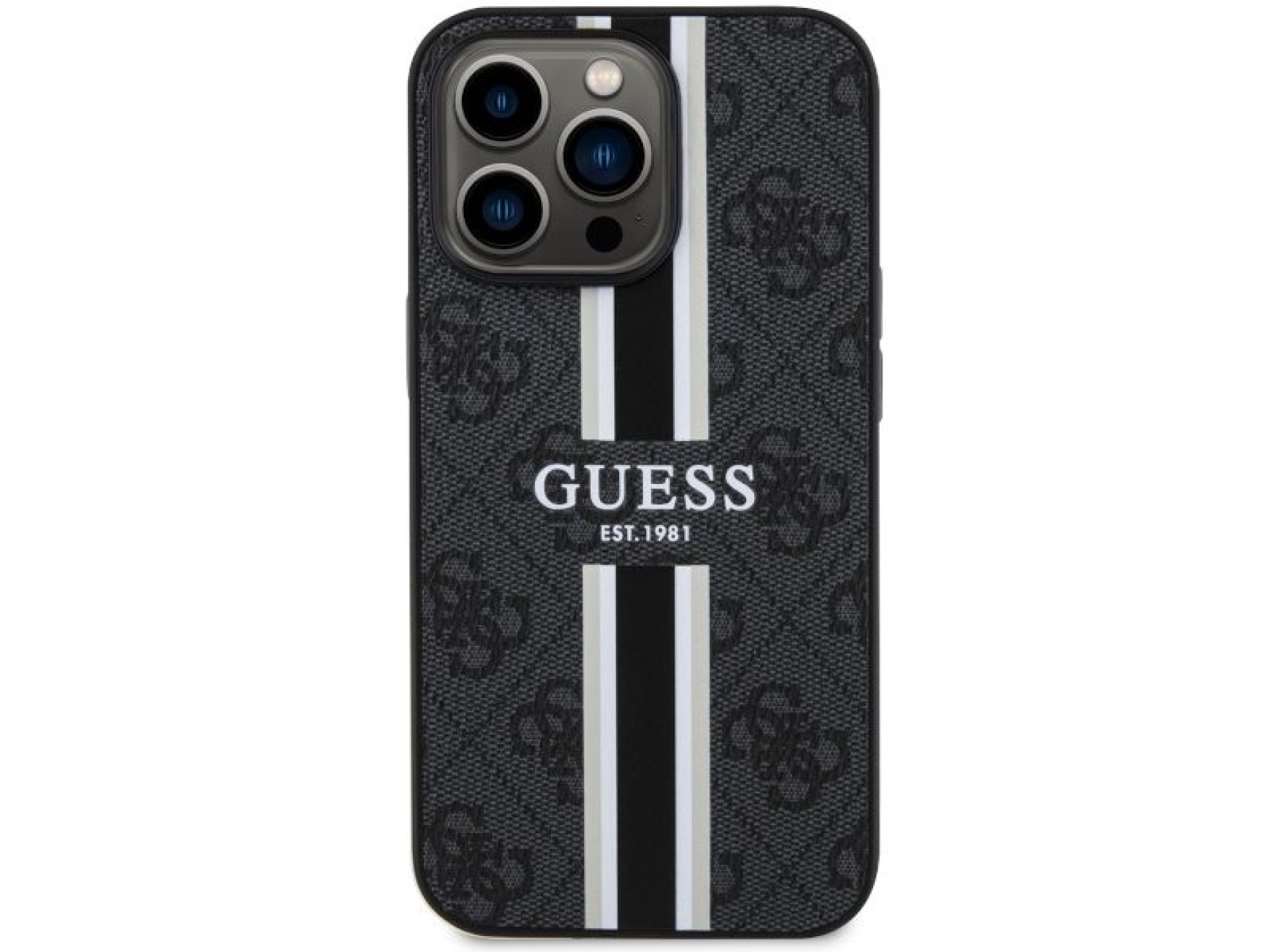 Capa rígida preta/preta com listras impressas Guess GUHMP13LP4RPSK para iPhone 13 Pro / 13 de 6,1