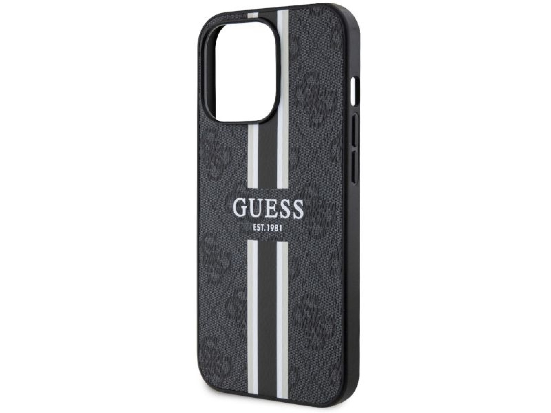 Capa rígida preta/preta com listras impressas Guess GUHMP13LP4RPSK para iPhone 13 Pro / 13 de 6,1