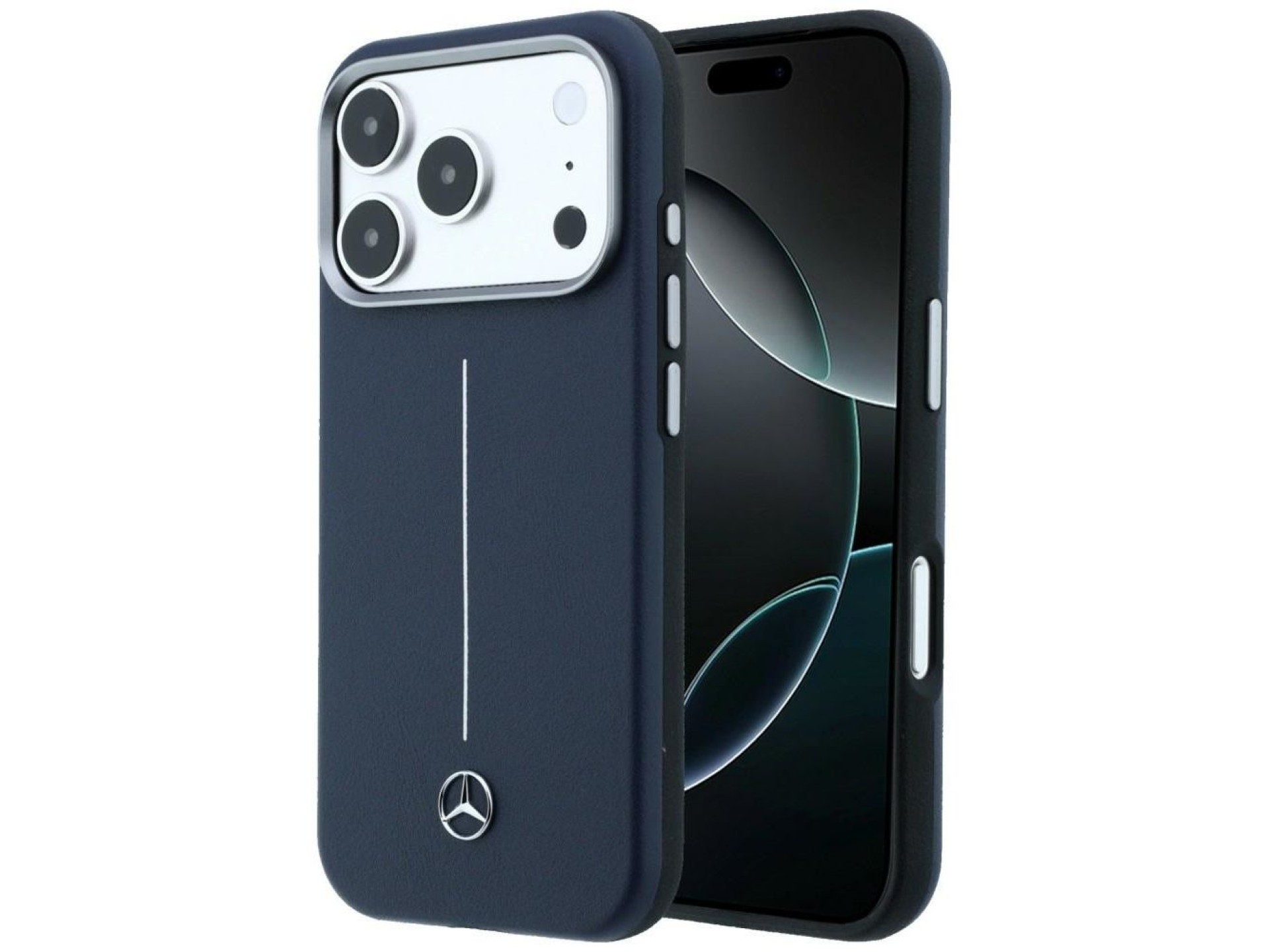 Mercedes Leather Semi Wrap Iconic Line MagSafe Case for iPhone 17 Pro Max - Navy Blue