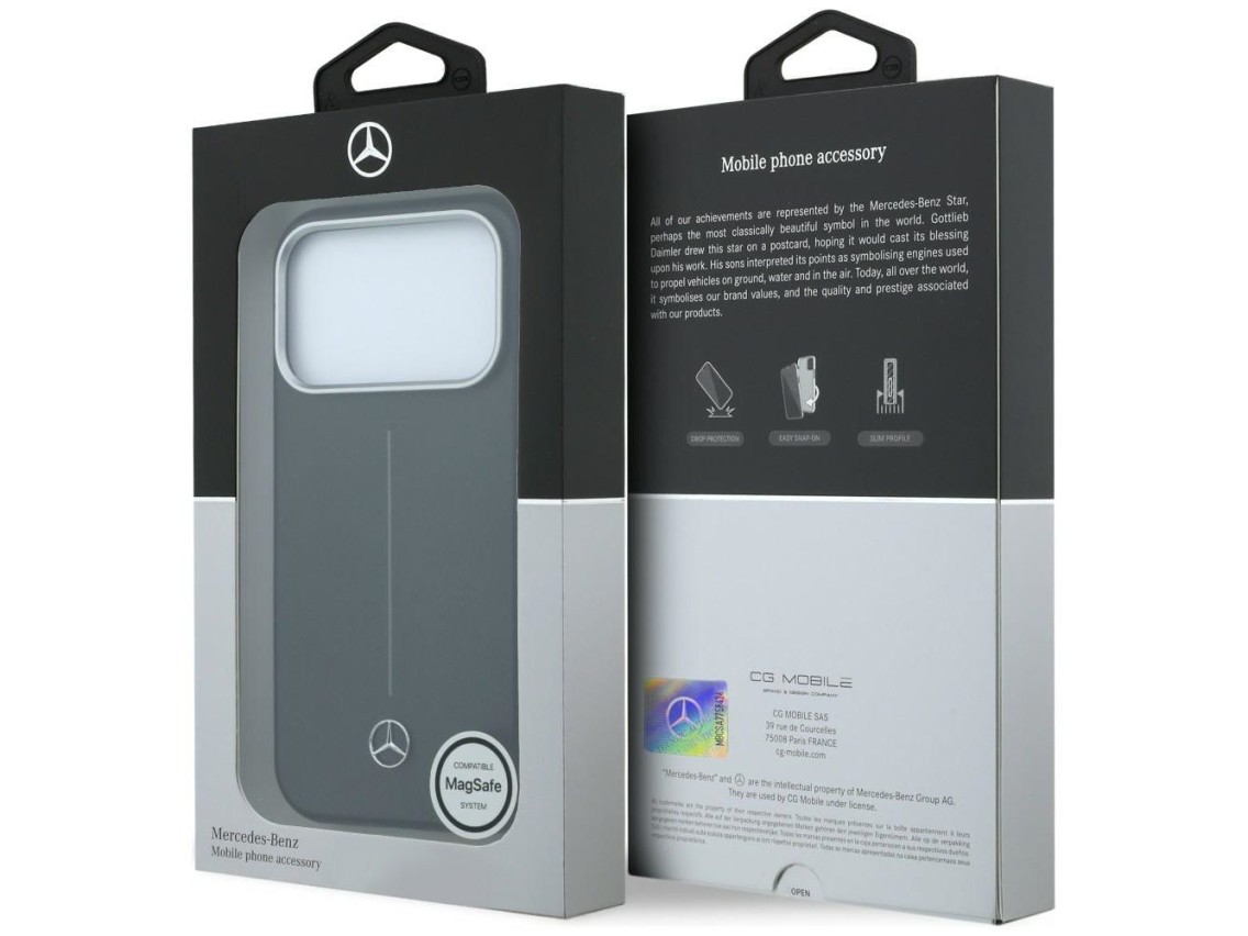 Capa Mercedes em couro semi-envolvente Iconic Line MagSafe para iPhone 17 Pro Max - Preta