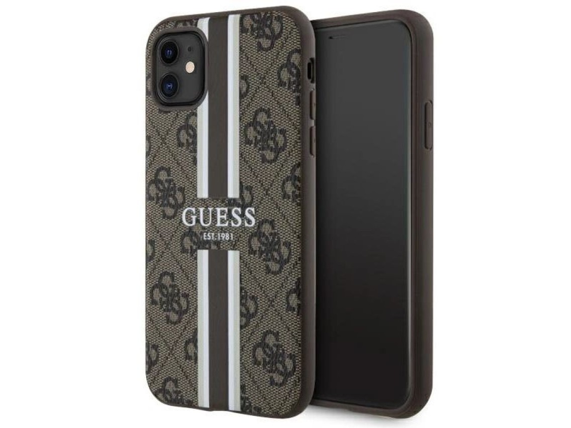 Capa rígida Guess GUHMN61P4RPSW para iPhone 11/Xr, marrom/marrom, com listras estampadas, compatível