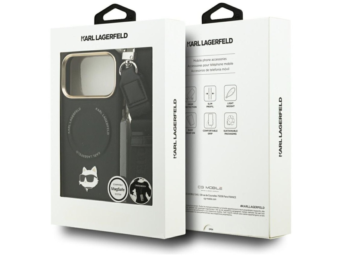 Funda Karl Lagerfeld Big Strap Choupette con logo metálico y MagSafe para iPhone 17 Pro Max - Negra