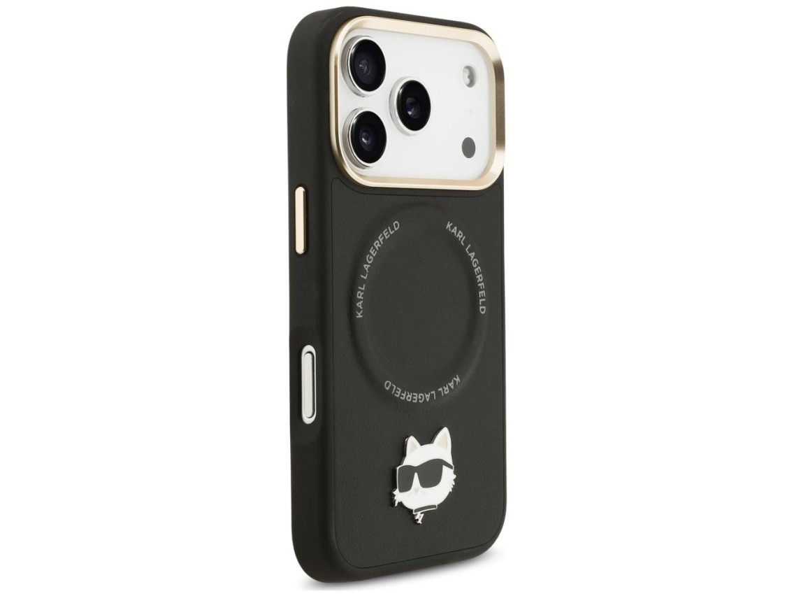 Funda Karl Lagerfeld Big Strap Choupette con logo metálico y MagSafe para iPhone 17 Pro Max - Negra