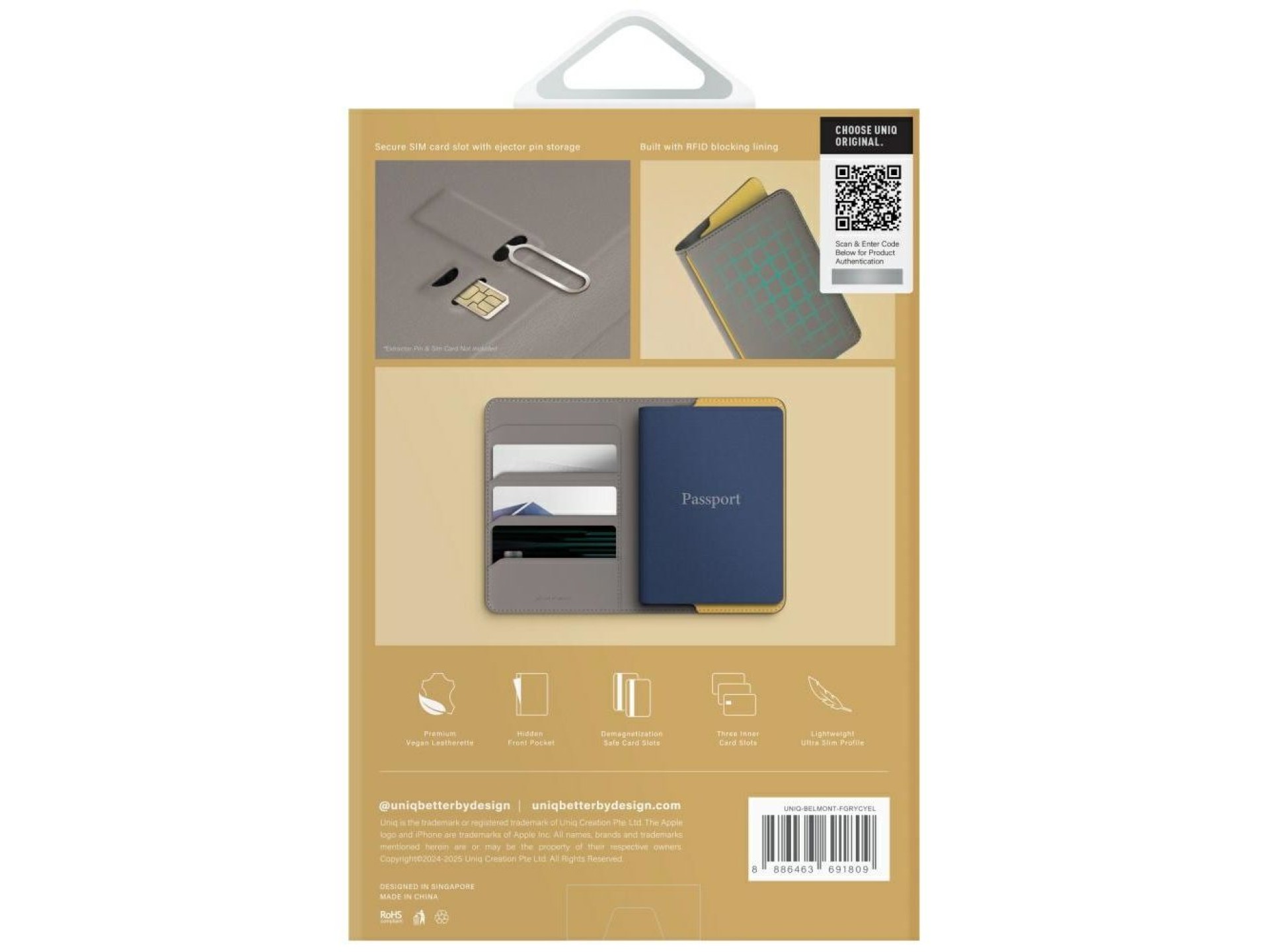 Funda para pasaporte Uniq Belmont con bloqueo RFID - Gris/Amarillo