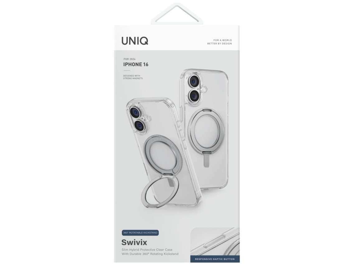 Funda Uniq Swivix 360 con soporte giratorio para iPhone 16 - Transparente