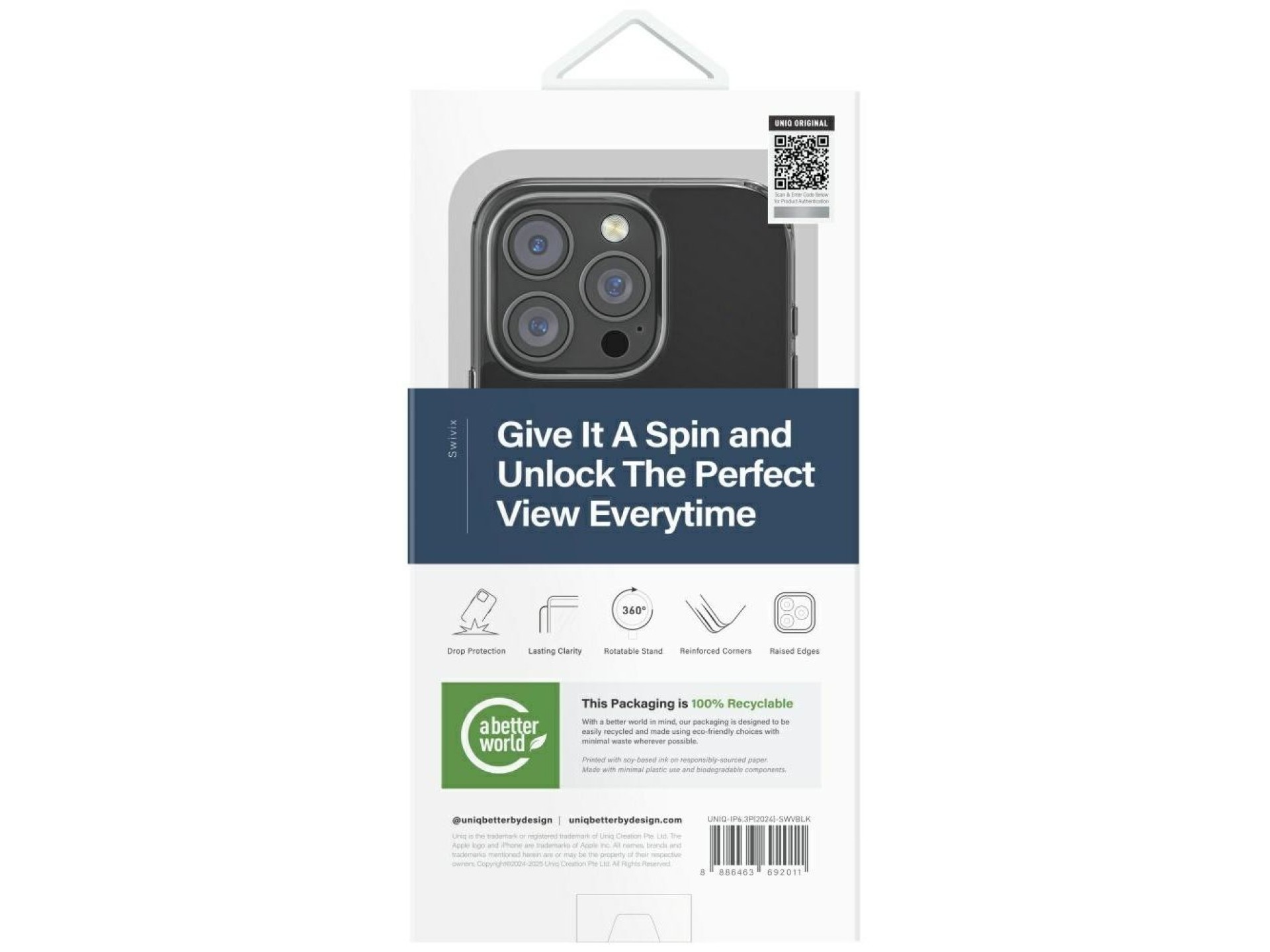 Capa Uniq Swivix com suporte giratório 360° para iPhone 16 Pro - Preta