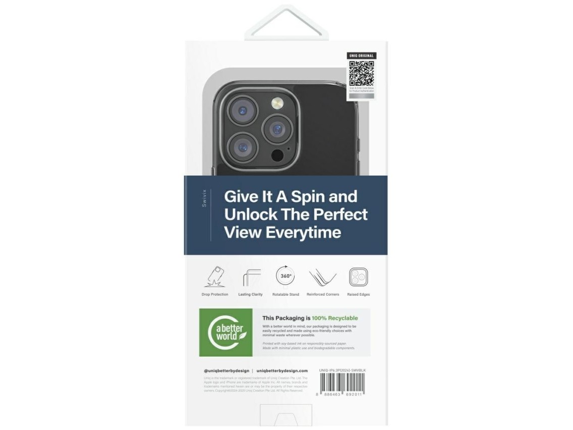 Capa Uniq Swivix com suporte giratório 360° para iPhone 16 Pro - Preta