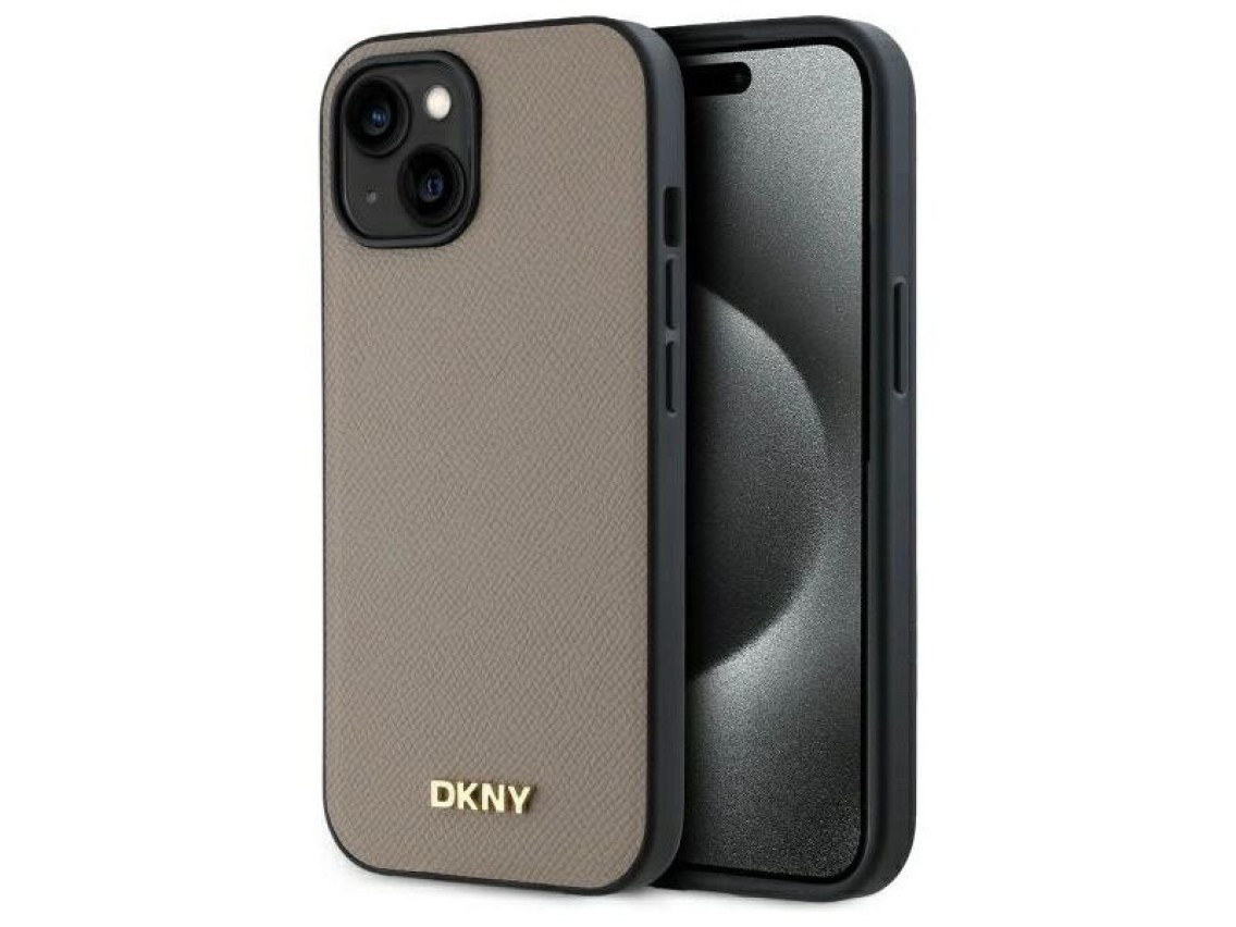 Funda DKNY MagSafe para iPhone 15 con logo metálico granulado - Beige