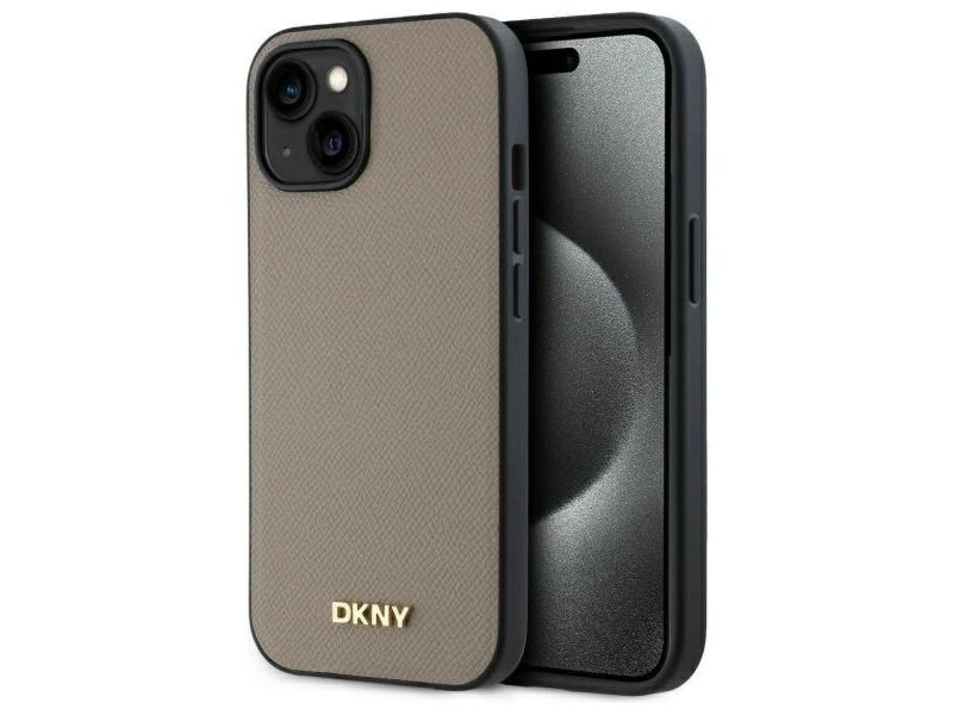 Funda DKNY MagSafe para iPhone 15 con logo metálico granulado - Beige