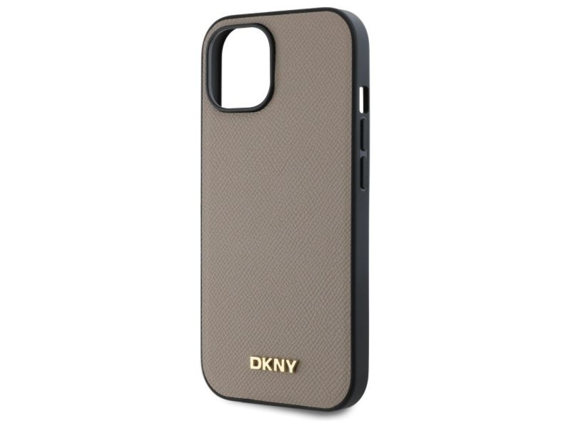 Funda DKNY MagSafe para iPhone 15 con logo metálico granulado - Beige