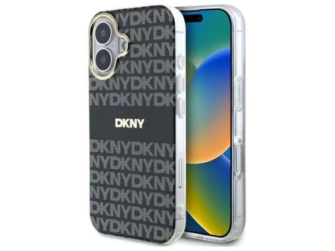 DKNY Repeat Texture Pattern With Stripe iPhone 16 Case - Black
