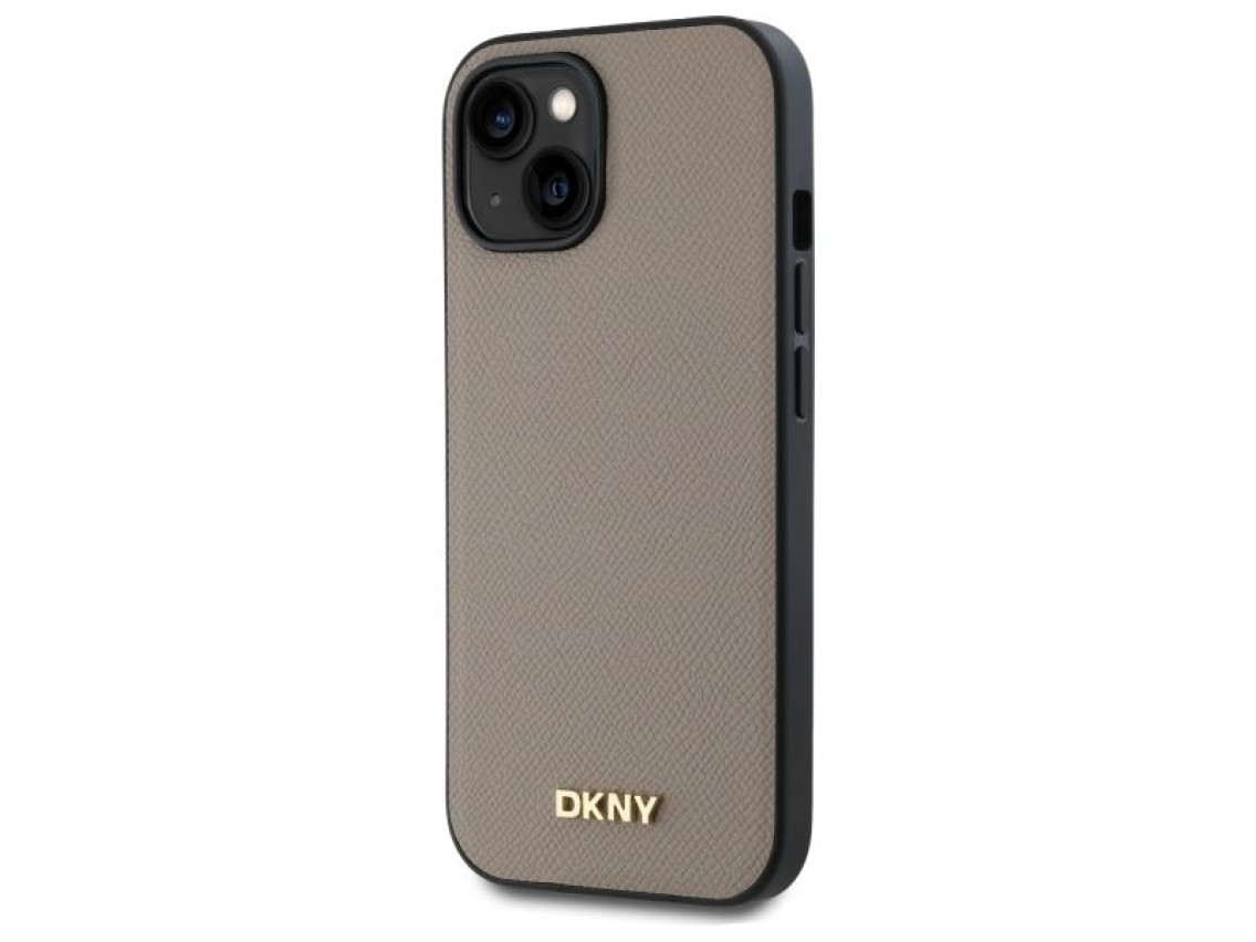 Funda DKNY MagSafe para iPhone 15 con logo metálico granulado - Beige