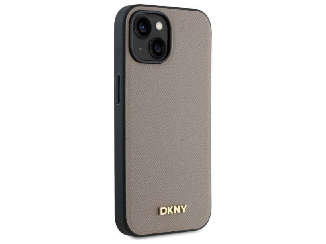 Funda DKNY MagSafe para iPhone 15 con logo metálico granulado - Beige