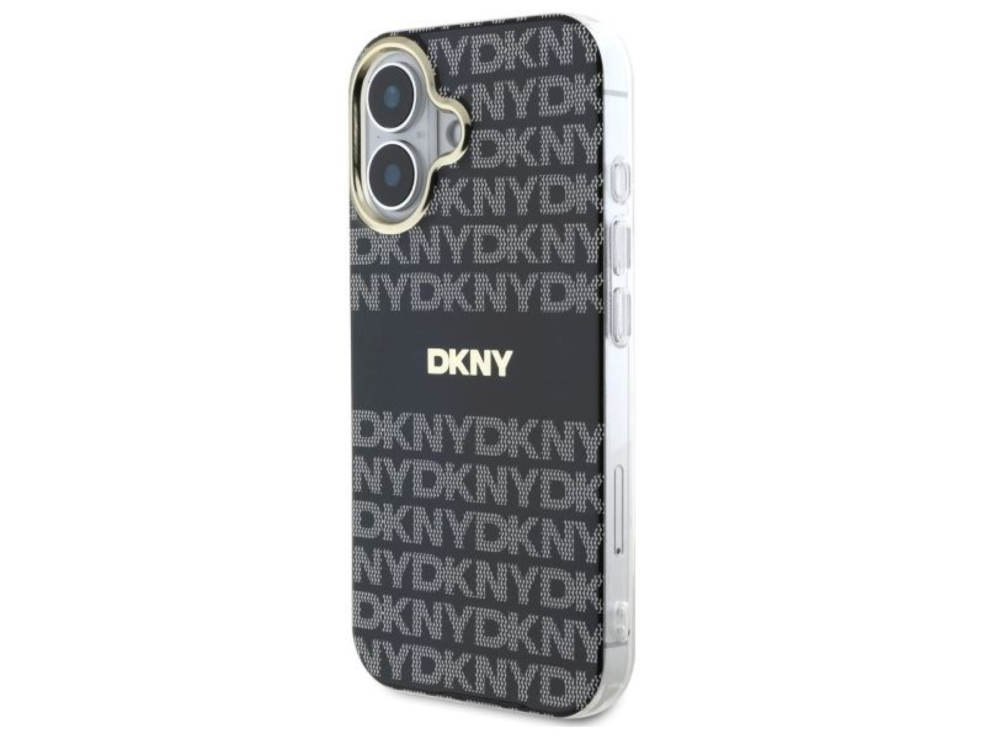 Capa para iPhone 16 DKNY com estampa texturizada repetida e listras - Preta