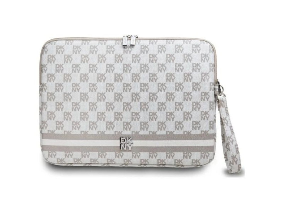 DKNY Sleeve Checkered Pattern Printed Stripes 16" Laptop Case - Beige