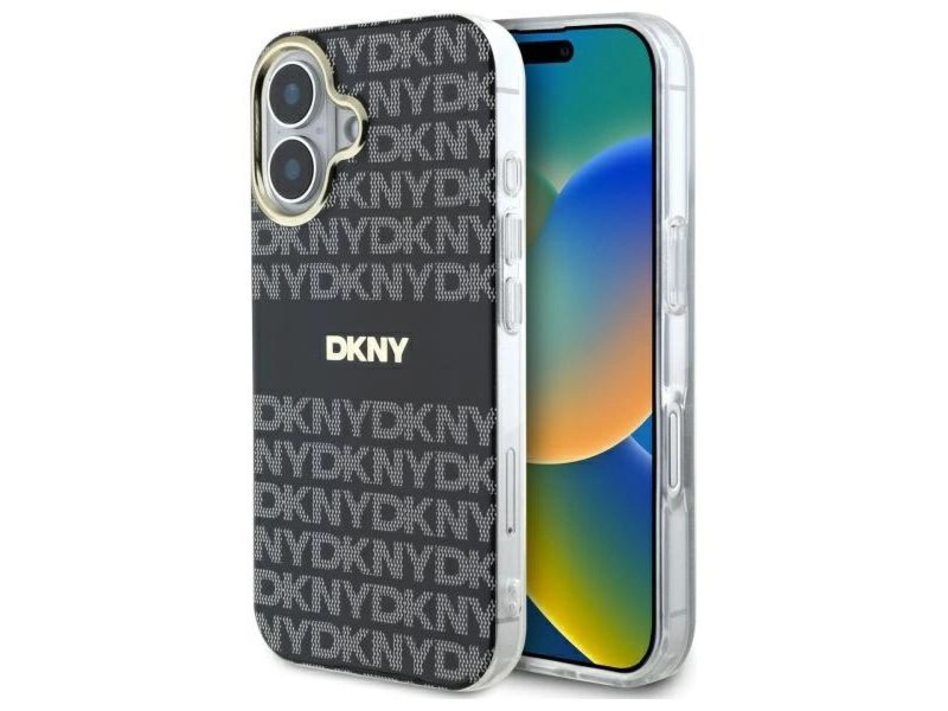 Capa para iPhone 16 DKNY com estampa texturizada repetida e listras - Preta