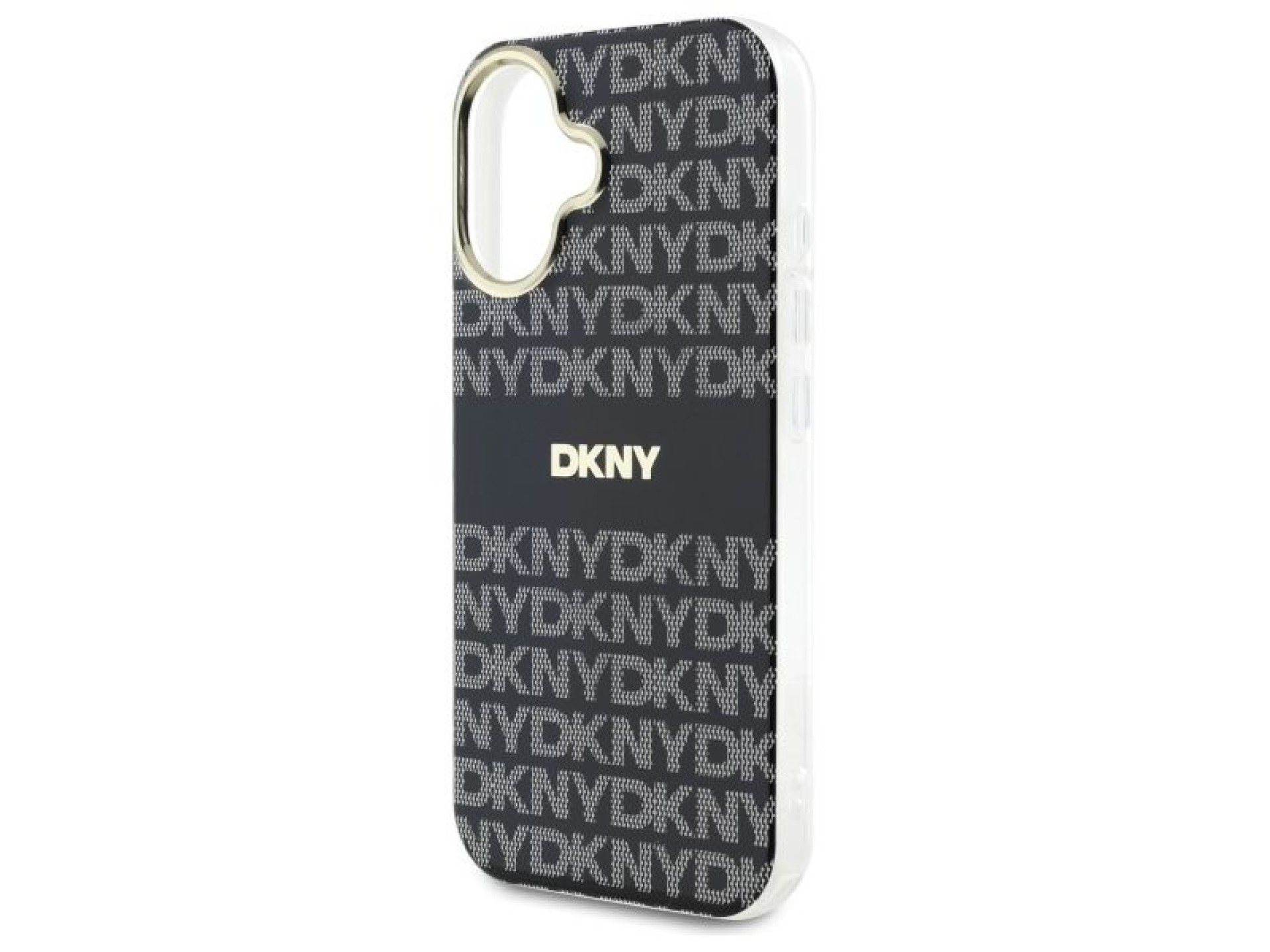 Capa para iPhone 16 DKNY com estampa texturizada repetida e listras - Preta