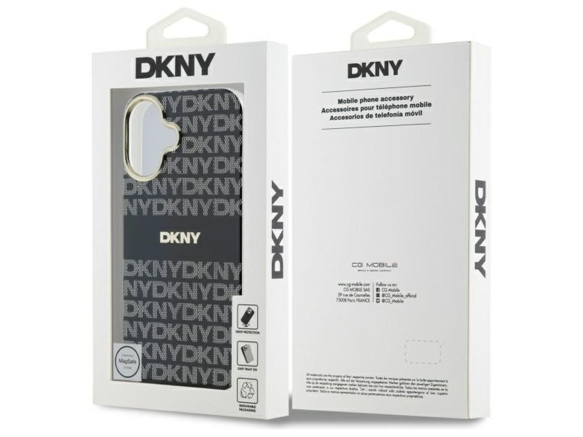 Capa para iPhone 16 DKNY com estampa texturizada repetida e listras - Preta