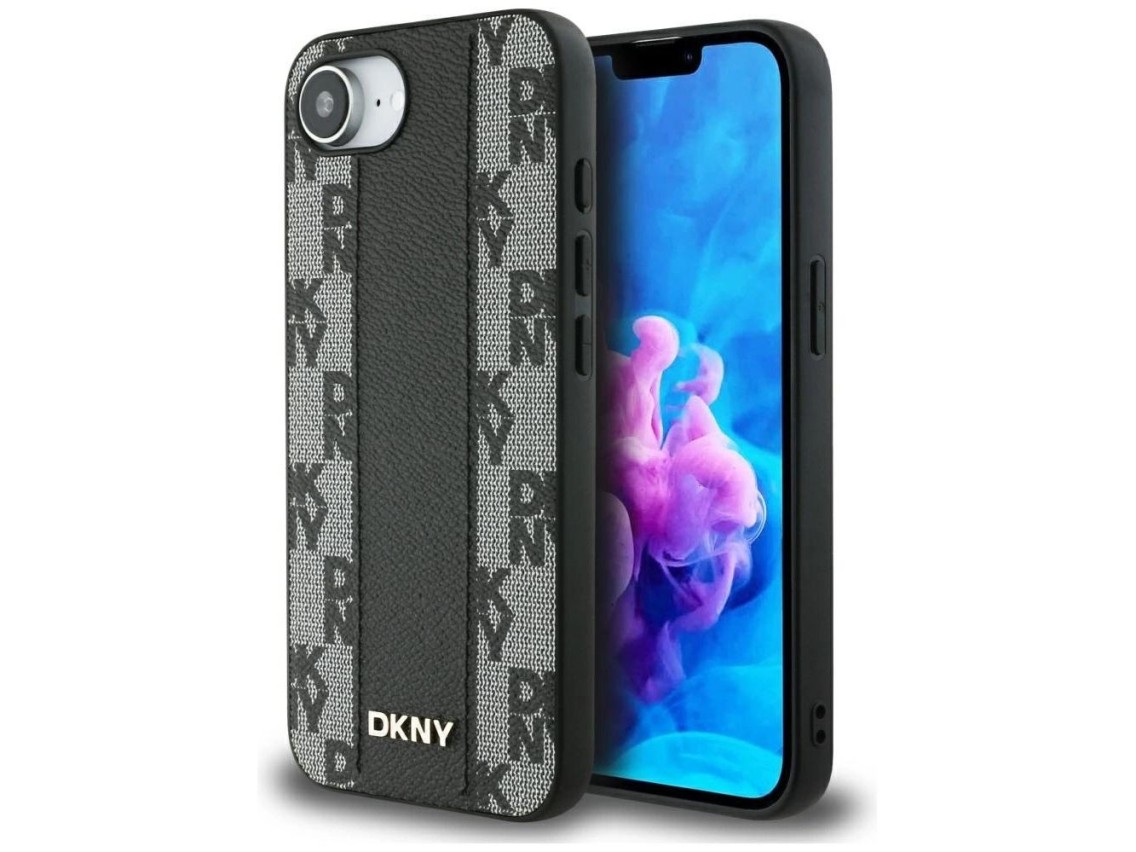 DKNY Leather Checkered Mono Pattern MagSafe iPhone 16e Case - Black