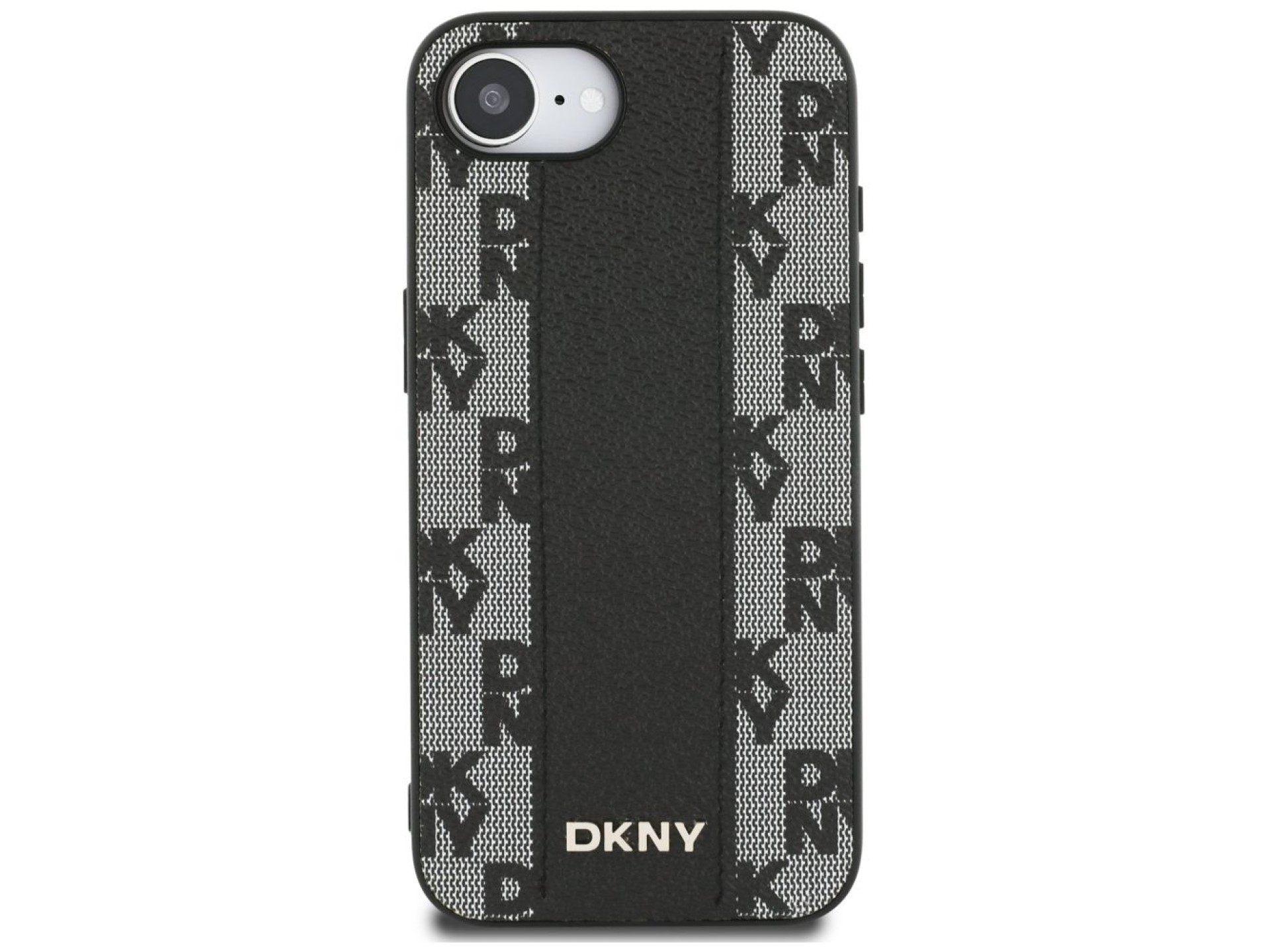 Capa DKNY para iPhone 16e em couro com estampa xadrez monocromática e MagSafe - Preta