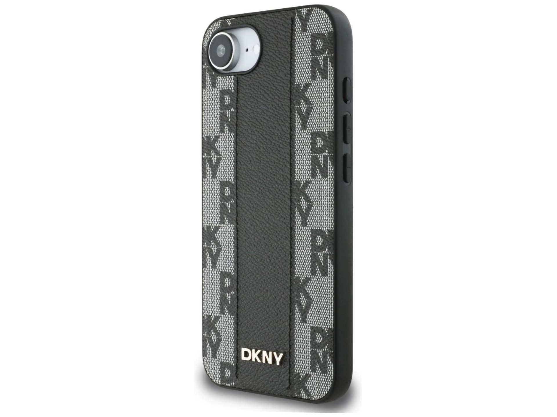 Capa DKNY para iPhone 16e em couro com estampa xadrez monocromática e MagSafe - Preta
