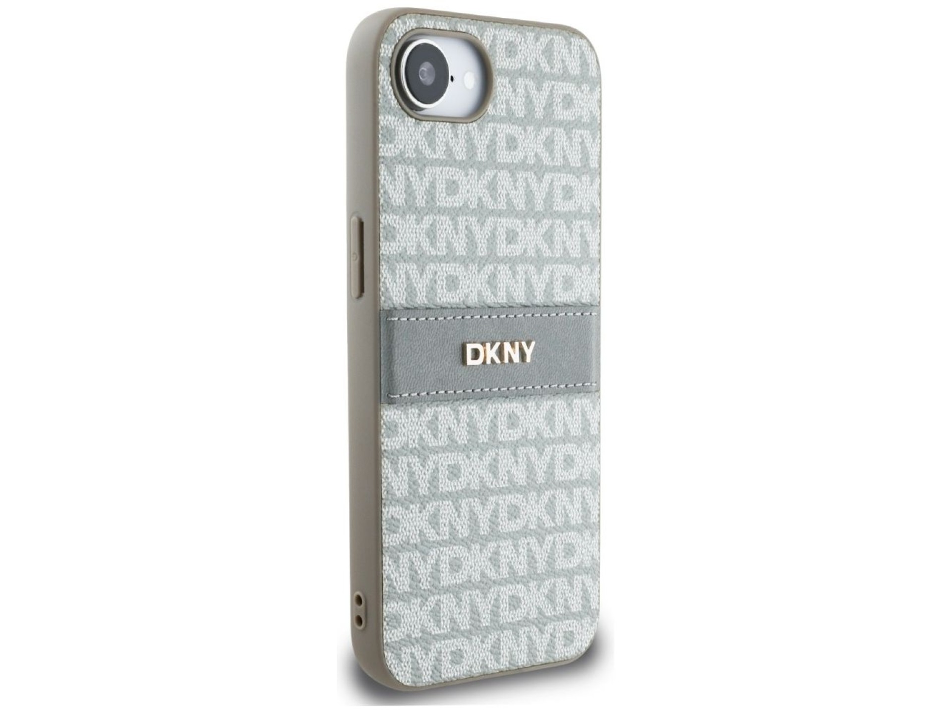 Capa DKNY para iPhone 16e com estampa texturizada repetida e listras em tons neutros - Bege