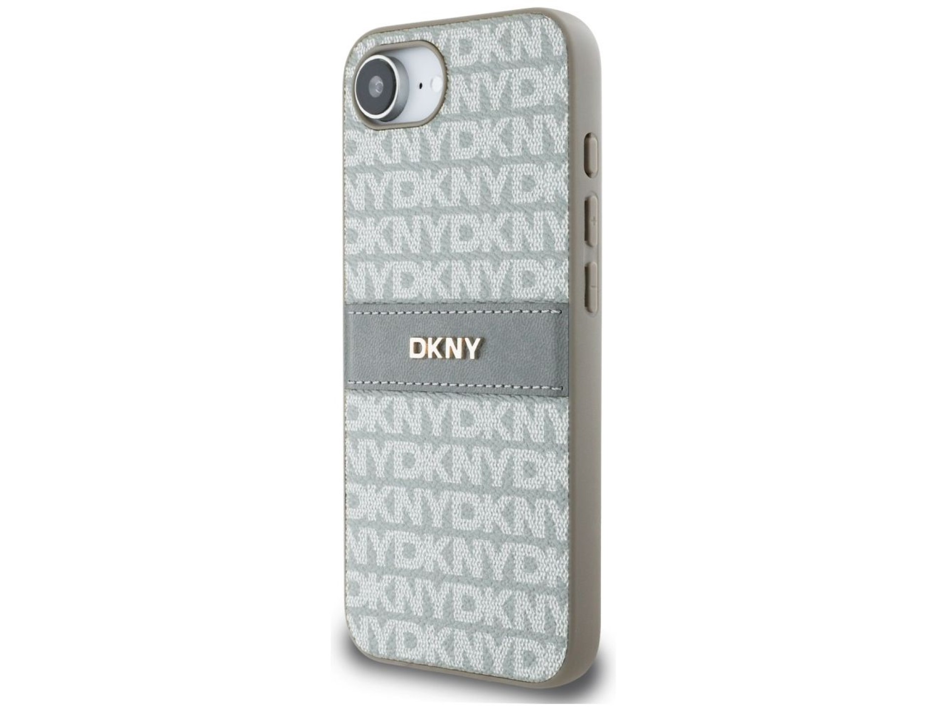 Capa DKNY para iPhone 16e com estampa texturizada repetida e listras em tons neutros - Bege