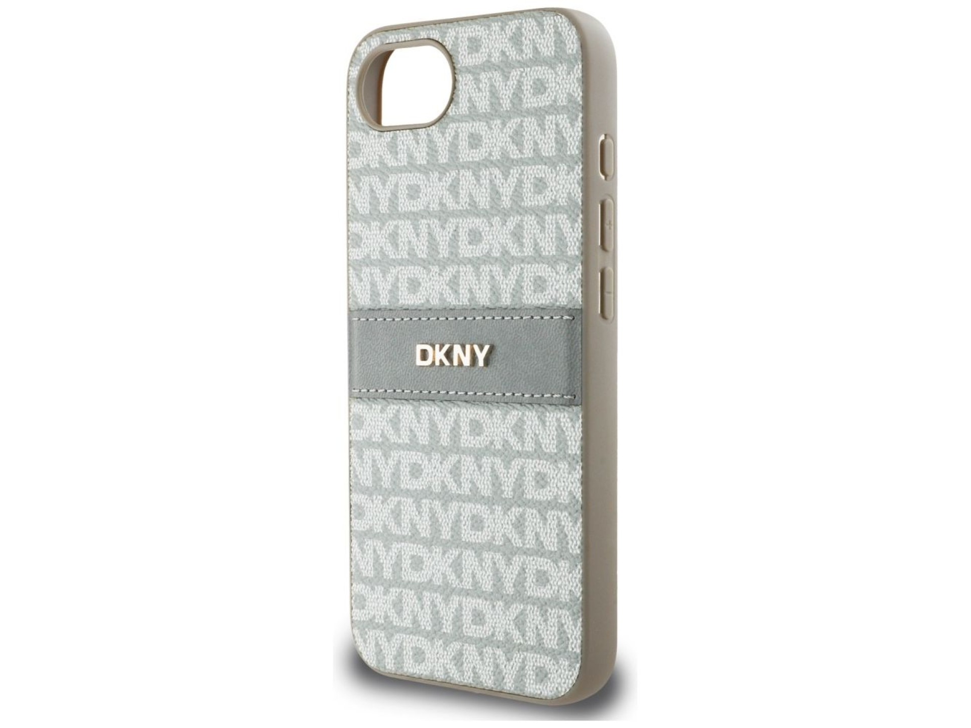 Capa DKNY para iPhone 16e com estampa texturizada repetida e listras em tons neutros - Bege